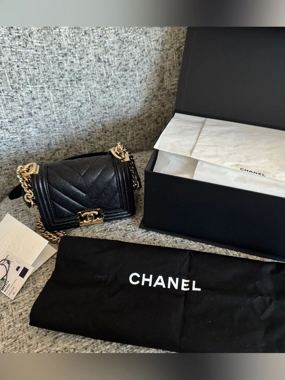 Chanel Black Mini Boy Bag Chevron Quilted Caviar Leather - Light Gold Chain